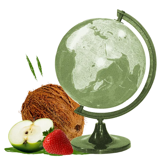 Globe avec une noix de coco, une pomme et une fraise